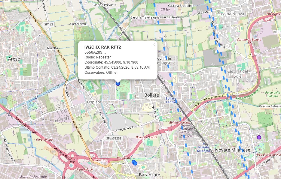 MeshCore network map showing IW2OHX-RAK-RPT2 repeater node near Bollate, Milan