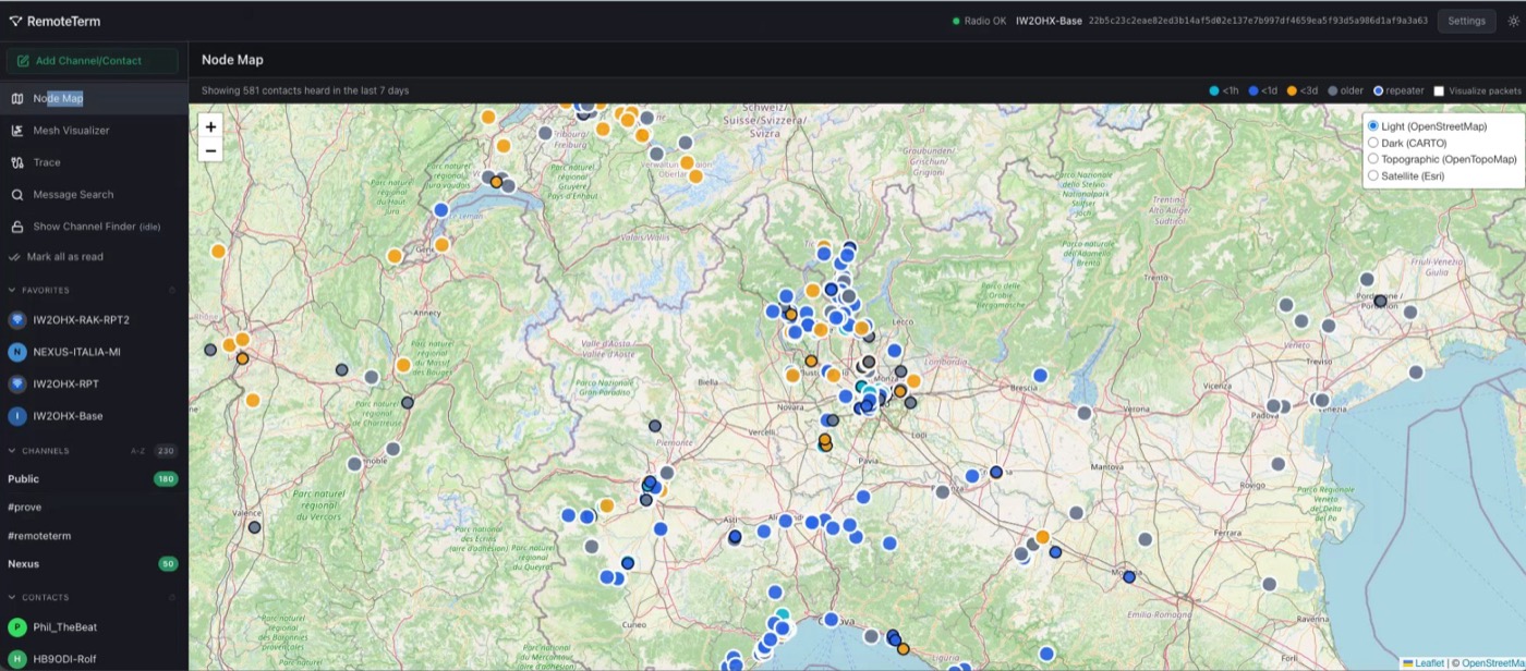 IW2OHX-Base RemoteTerminal web interface connected to the MeshCore mesh network